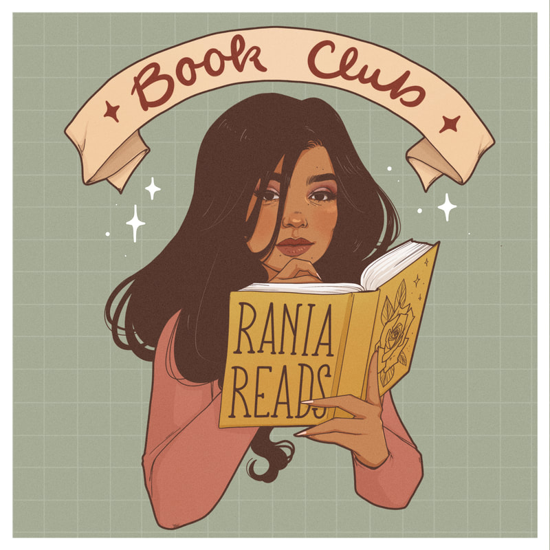 Digital illustration of Rania, a brown-skinned Black woman with long dark hair, she is reading a book with the words 